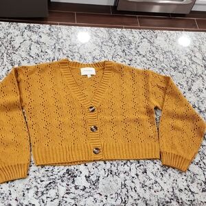 Pink Rose Mustard Yellow Cardigan. Large.